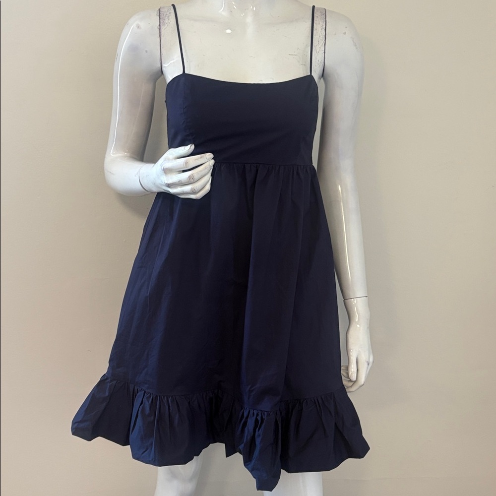 Xirena Freya Poplin Ruffled Hem Spaghetti Strap Mini Dress in Navy Blue